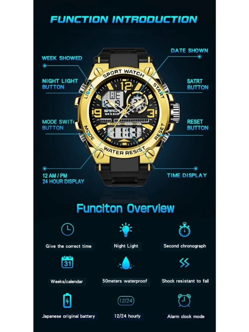 Men's Black And Gold Analog Quartz Sports Waterproof Military LED Digital Watch